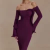 Vestito lungo in maglia con spalle scoperte Sandrine – Prugna