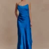 Vestito lungo in raso e chiffon Carah – Cobalto