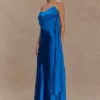 Vestito lungo in raso e chiffon Carah – Cobalto