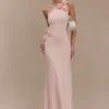 Vestito lungo monospalla in maglia con fiori Paloma – Rosa confetto