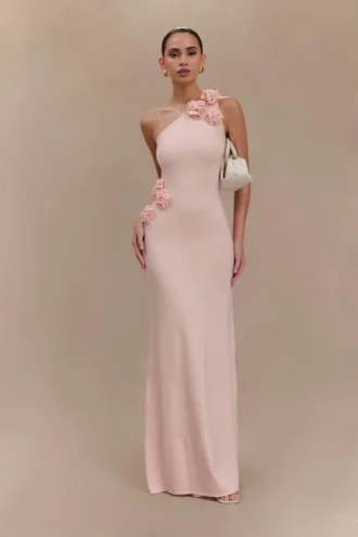 Vestito lungo monospalla in maglia con fiori Paloma – Rosa confetto Vestito lungo monospalla in maglia con fiori Paloma – Rosa confetto