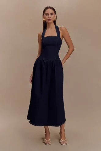 Vestito midi con scollo all’americana in Denim Caroline – Blu indaco