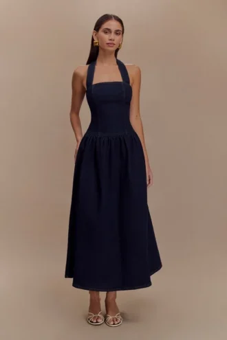 Vestito midi con scollo all’americana in Denim Caroline – Blu indaco