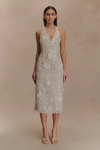 Vestito midi con scollo all’americana in pizzo di seta Lenore – Avorio Vestito midi con scollo all’americana in pizzo di seta Lenore – Avorio