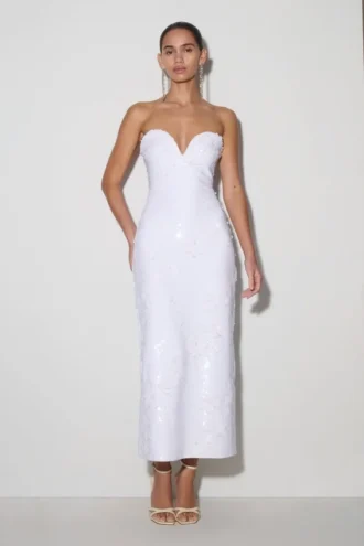 Vestito midi senza spalline con paillettes Maisie – Bianco Vestito midi senza spalline con paillettes Maisie – Bianco